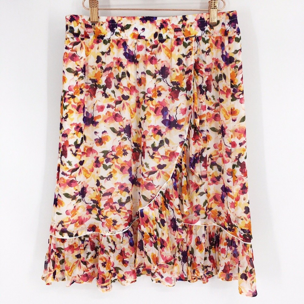 Catherine Malandrino Pull On Floral Ruffle Hem Knee Length Skirt Womens Medium